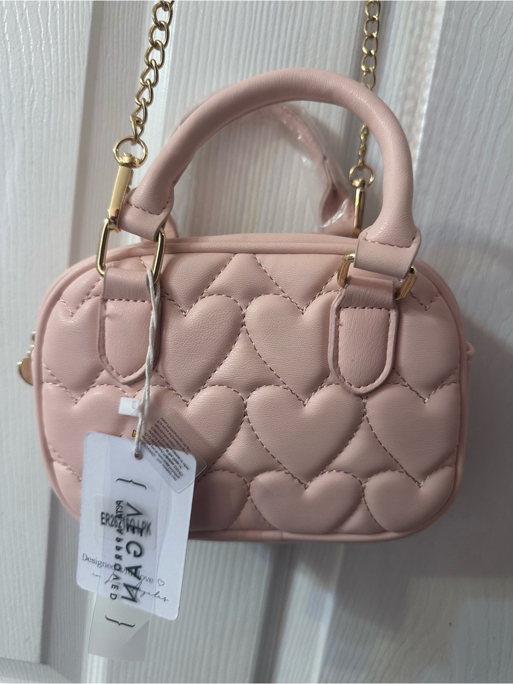 Blush Kiss Pink Heart Quilted Pattern Mini Satchel Crossbody Bag Gold Chain NWT